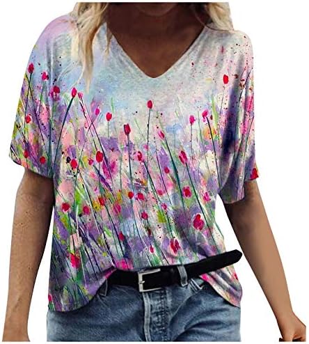 Modna majica s printom za žene bluze sa šarenim cvjetnim uzorkom ljetne majice s izrezom u obliku slova u i kratkim rukavima