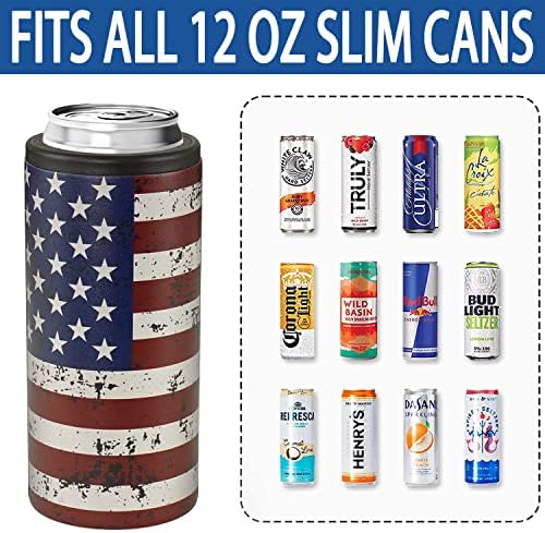 Američka zastava Skinny može hladnija za tanko pivo i hard seltzer 12 oz Universal Slim Can Cooler Izolirani dvostruki zid od nehrđajućeg