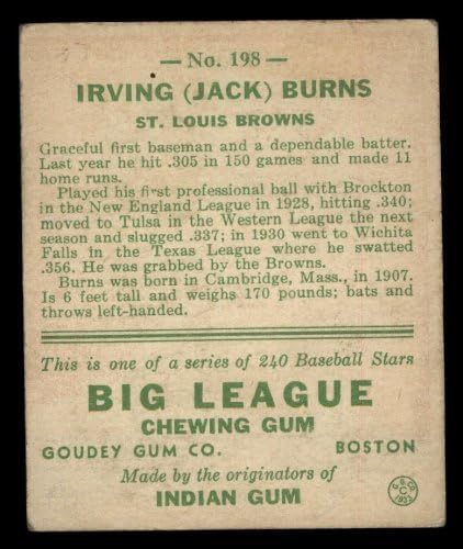 1933. Goudey 198 Jack Burns St. Louis Browns Good Browns