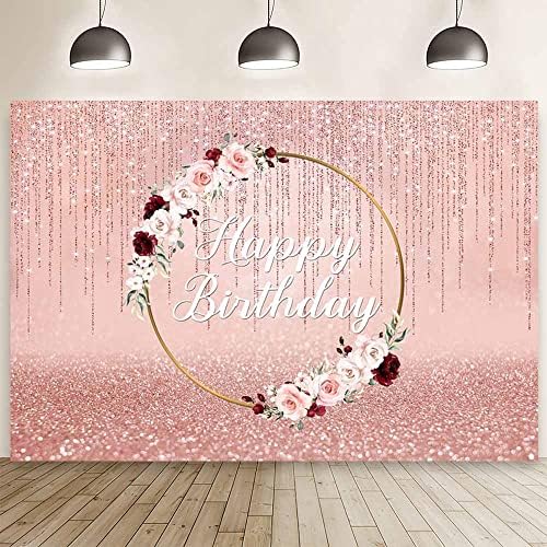 Pozadina za rođendan za djevojčice od 7 do 5, zlatna ružičasta svjetlucava pozadina za fotografiranje, ružičasti bordo cvjetni natpis