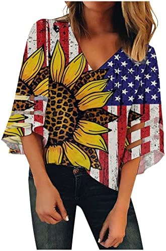 Tinejdžerke izrezane mreže vrhovi američka zastava suncokret cvjetni vrhovi košulje 3/4 zvonastog rukav ugušivanje dekoltea spandex