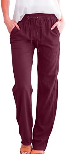 Pamučne lanene hlače za Žene Ležerne ljetne hlače s džepovima široke čipke čiste rastezljive hlače visokog struka udobne hlače za plažu