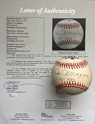Joe DiMaggio 361HRS potpisao je Al Baseball, JSA LOA - Autografirani bejzbol