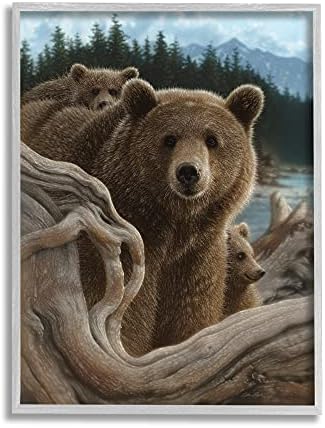 Stupell Industries Brown Bears Rustic Animal Family Tree Forest Lake, dizajn Collin Bogle Grey Framed Wall Art, 24 x 30